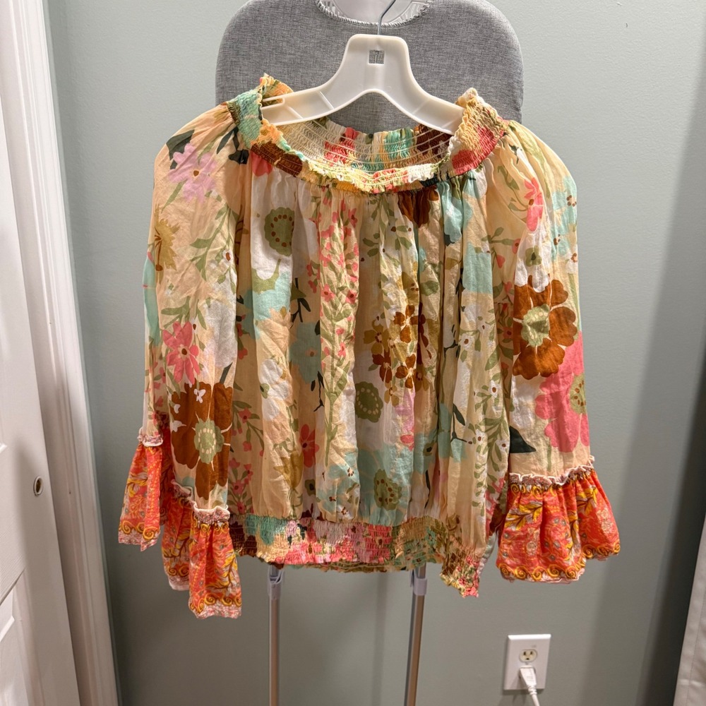 Aratta Silent Journey Floral Cotton Boho Bell Sleeve Cottagecore Top XS